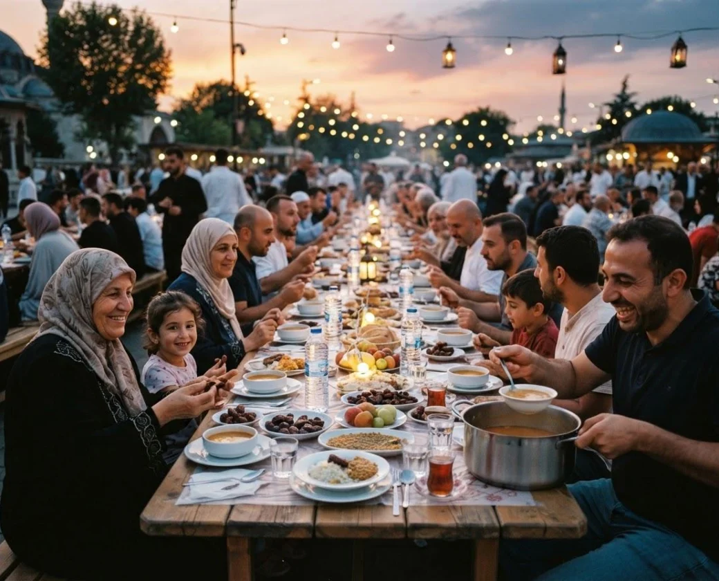 Neighbours sharing an iftar meal at sunset
