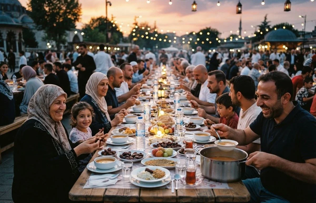 Neighbours sharing an iftar meal at sunset