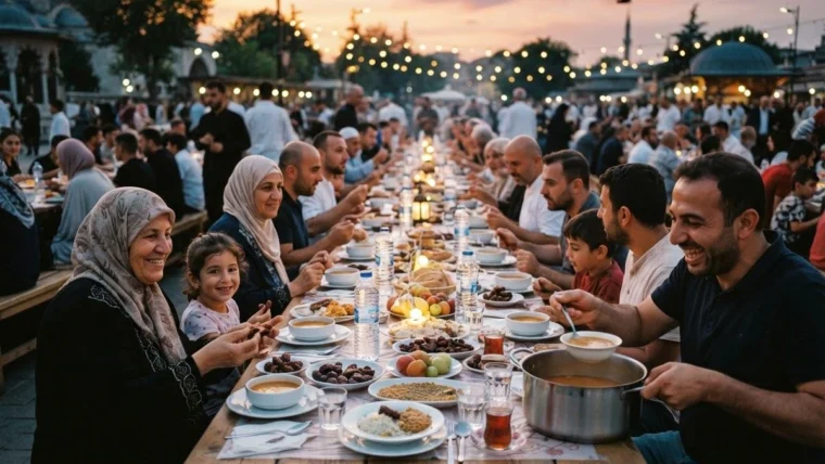Neighbours sharing an iftar meal at sunset