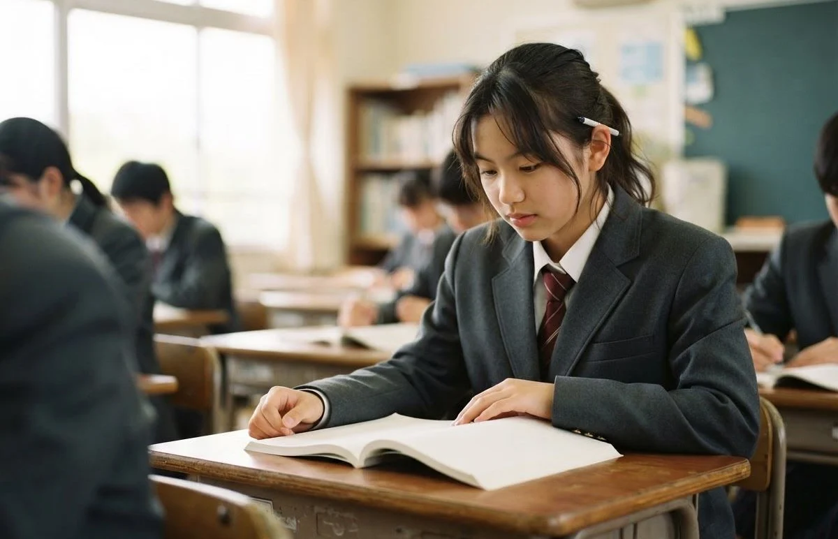 Student reading at her desk in a classroom