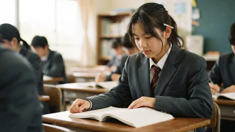 Student reading at her desk in a classroom