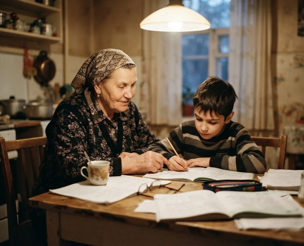 Grandmother helping her grandson with homework