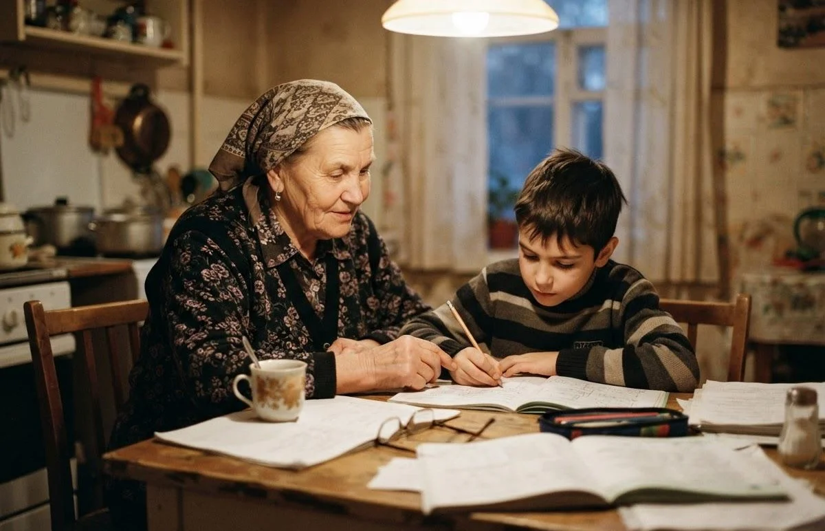 Grandmother helping her grandson with homework