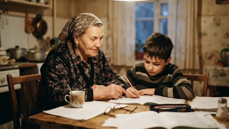 Grandmother helping her grandson with homework