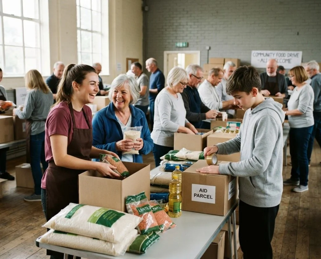 Volunteers packing food parcels in a community hall