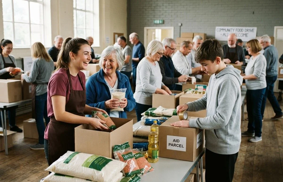 Volunteers packing food parcels in a community hall