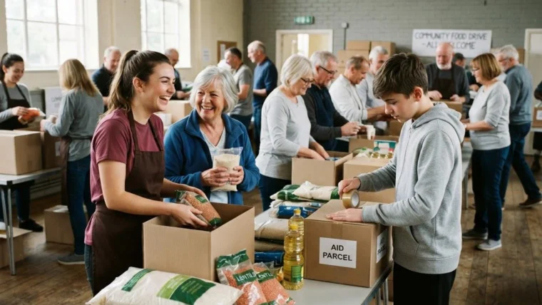 Volunteers packing food parcels in a community hall