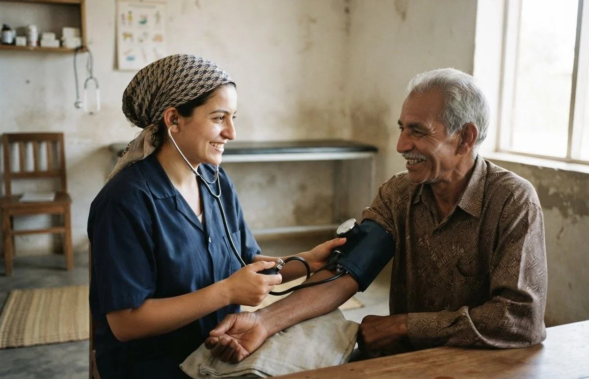 Health worker checking an older man’s blood pressure