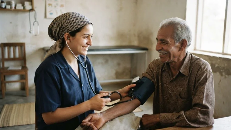 Health worker checking an older man’s blood pressure