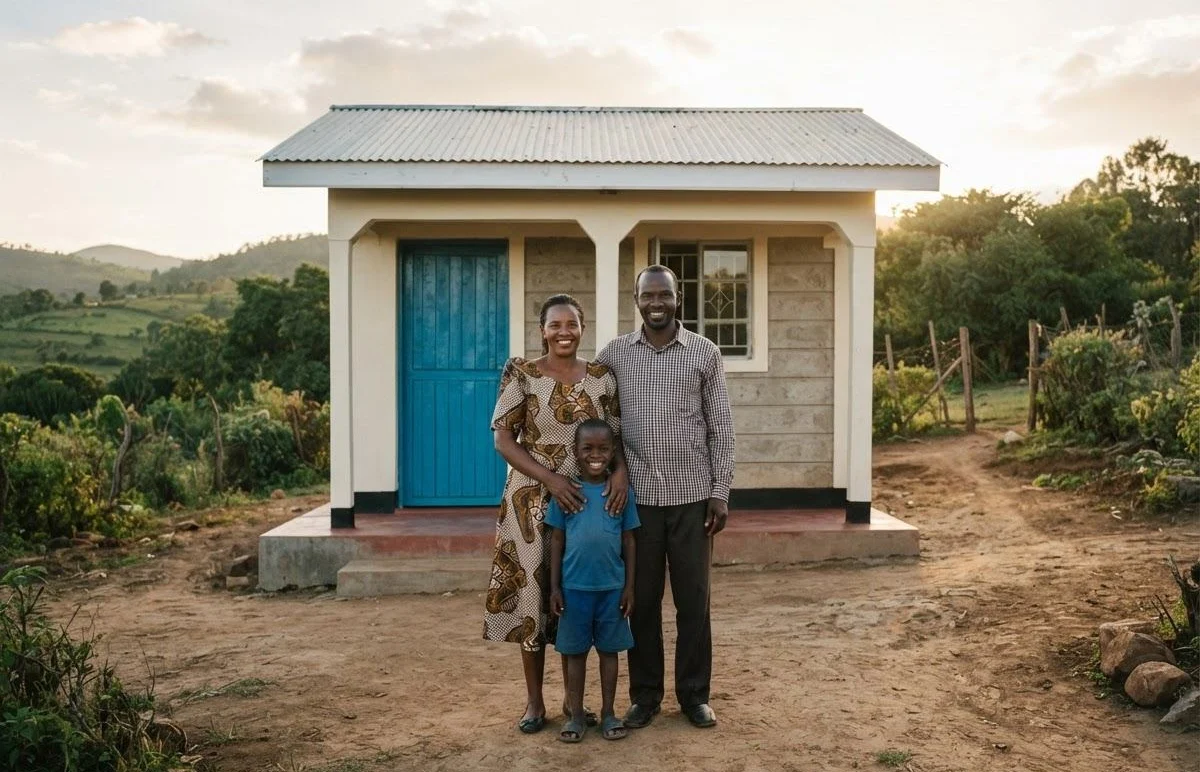 Family standing outside their rebuilt home