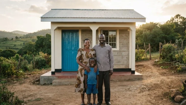 Family standing outside their rebuilt home