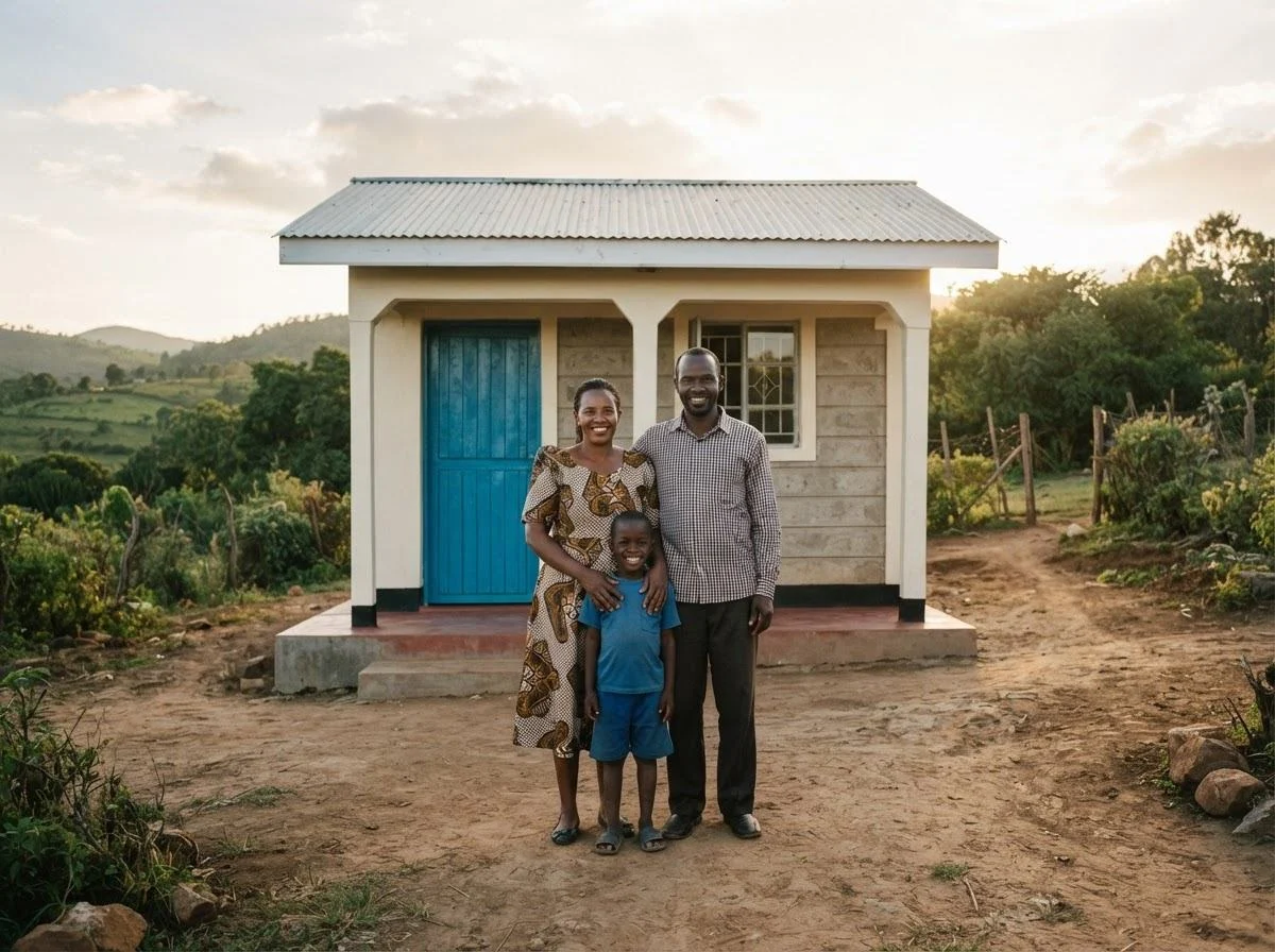 Family standing outside their rebuilt home