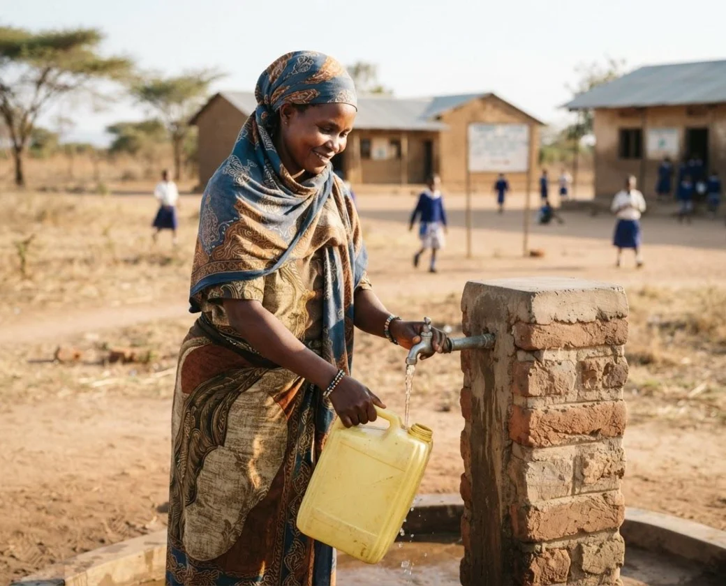 Woman filling a jerrycan at a village tap stand