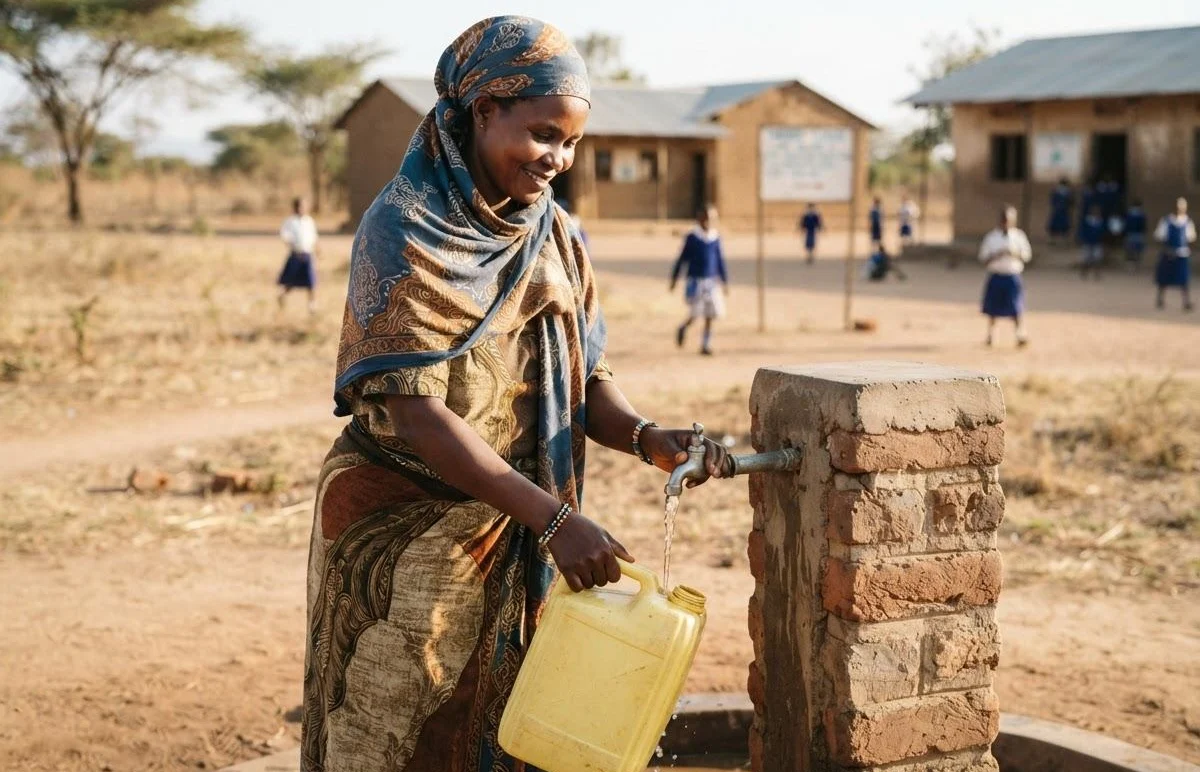 Woman filling a jerrycan at a village tap stand