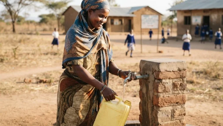 Woman filling a jerrycan at a village tap stand