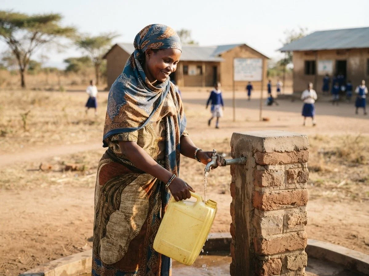 Woman filling a jerrycan at a village tap stand